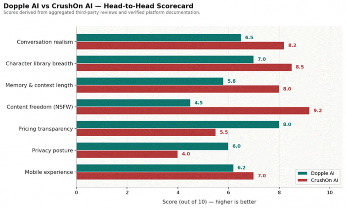 Title: Dopple AI vs CrushOn AI scorecard - Description: Bar comparison of Dopple AI and CrushOn AI across seven dimensions.