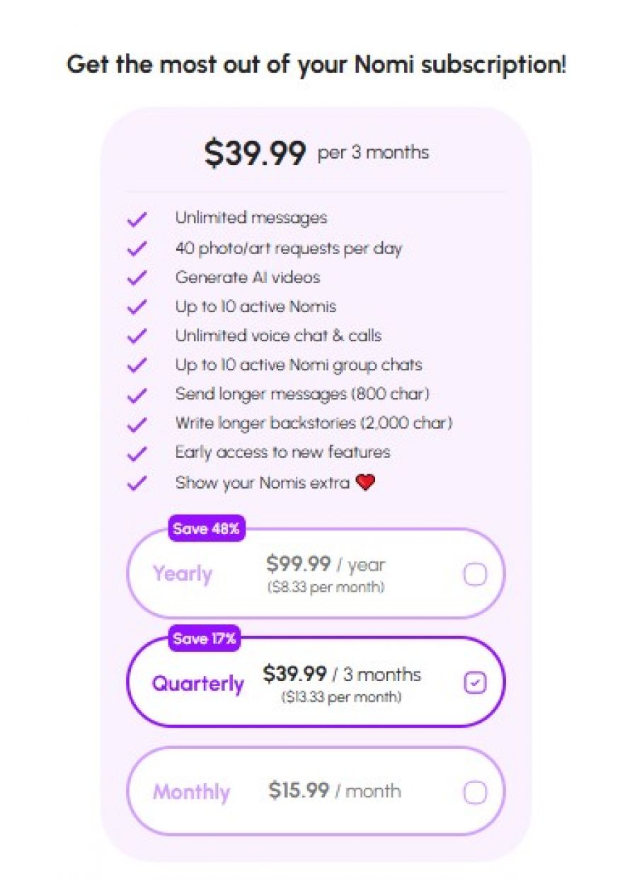 nomi.ai Pricing