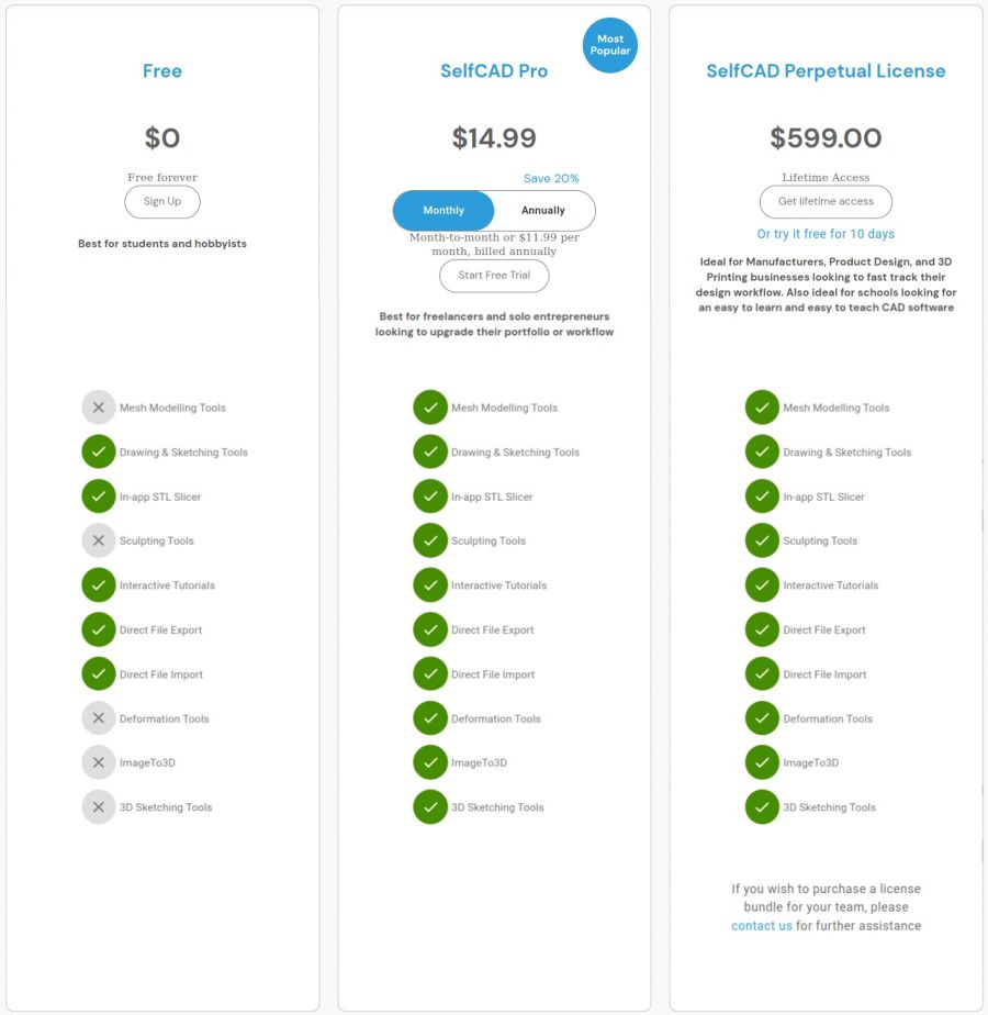 SelfCAD Pricing