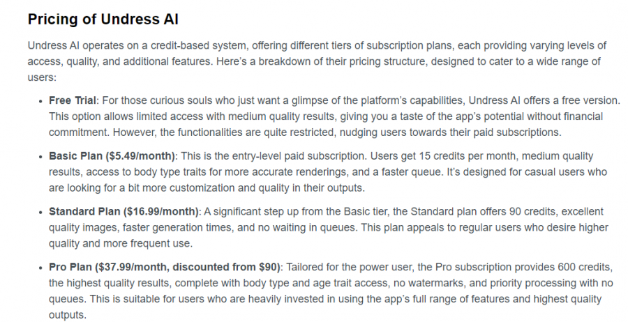 Undress AI Pricing