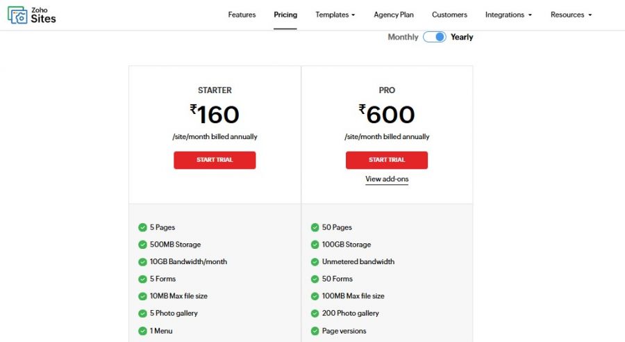 Zoho Sites Pricing